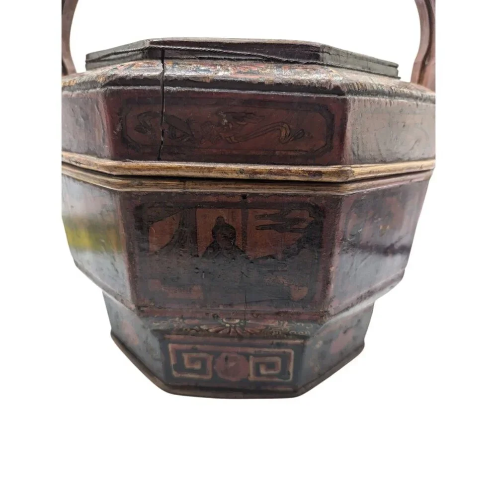 Antique Chinese Bamboo Wedding Basket Box Laquer Finsh Brass Handle